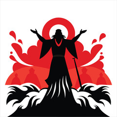 Dramatic silhouette of a figure with arms outstretched, standing against a red circular motif and surrounded by abstract red and black shapes