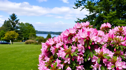 Obraz premium Beautiful view of flowering rhododendron bush on green lawn. Sweden.