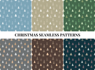 Seamless vector patterns with minimalist hand-drawn Christmas trees. Great for winter holidays, fabric, wrapping paper, retro, packaging, scrapbooking, and festive designs