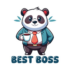Adorable Panda Boss Holding “Best Boss” Coffee Mug – Cute Office Leader Vector Art for Motivational Posters, Gifts, Workplace Decor, and Appreciation Cards