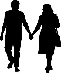 Silhouette couple walking hand-in-hand, minimal black vector symbolizing companionship