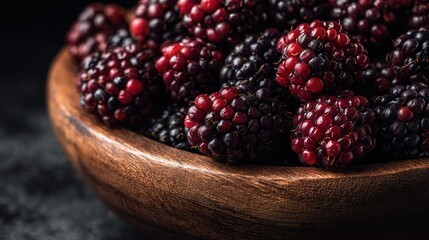 Freshly picked blackberries and raspberries in a wooden bowl with a rustic background during afternoon light