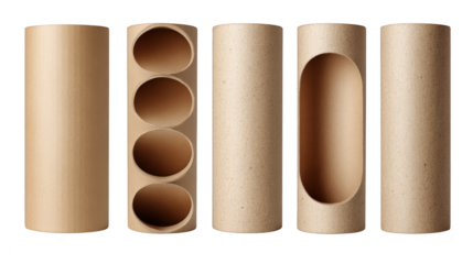 Five cylindrical brown cardboard tubes, some featuring cut-out windows or openings, perfect for packaging or crafts, isolated on a white background.