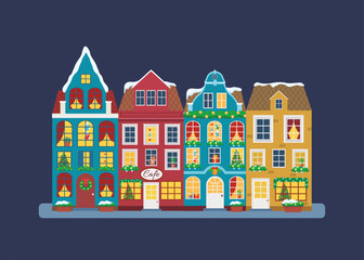 Vector illustration of european winter town. Flat design. Old houses.