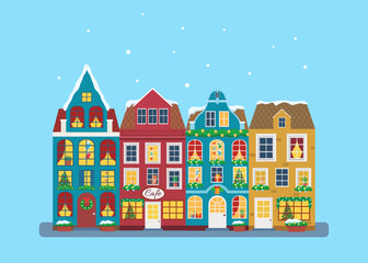 Vector illustration of european winter town. Flat design. Old houses.