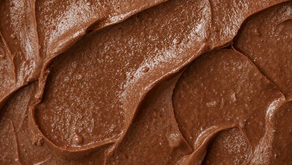 A close up shot of rich chocolate frosting with smooth texture and visible swirls and ridges on the surface