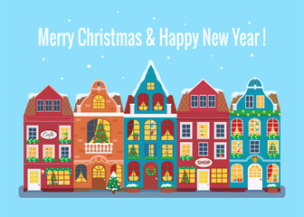 Vector illustration of european winter town. Flat design. Old houses.