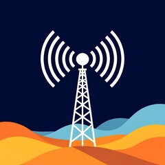 White Communication Tower with Signal Waves Over Colorful Landscape