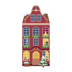 Winter Christmas european house vector flat illustration