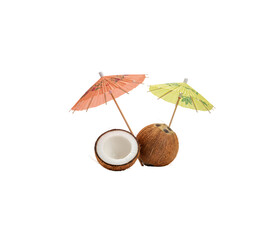 A vibrant 3D coconut drink with a brown shell, yellow straw, and colorful umbrella, isolated on transparent background — perfect for tropical, summer, and beach-themed designs.

