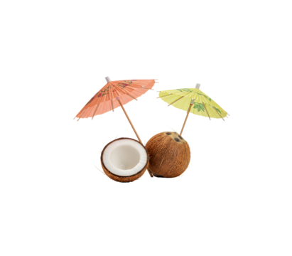 A vibrant 3D coconut drink with a brown shell, yellow straw, and colorful umbrella, isolated on transparent background — perfect for tropical, summer, and beach-themed designs.


