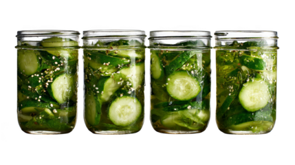 Four glass mason jars filled with sliced cucumbers, dill, and pickling spices, preserving fresh homemade pickles on a white background.