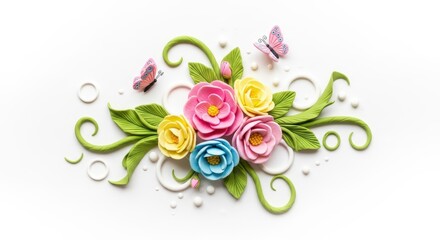 Pastel Polymer Clay Flowers and Butterflies Floral Arrangement Craft