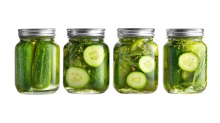 Preserving the harvest, four jars of crunchy cucumbers showcase the art of homemade pickles.