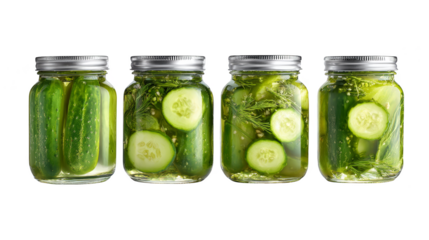 Preserving the harvest, four jars of crunchy cucumbers showcase the art of homemade pickles.