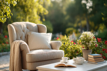 Fototapeta premium cozy outdoor reading nook with comfortable chair surrounded by lush greenery and colorful flowers