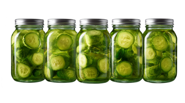 Row of jars filled with pickled cucumbers, a traditional preservation method preserved.