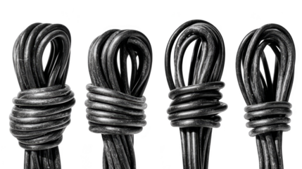Four bundles of dark, coiled electrical wires or cables with looped tops, presented in monochrome on a white background.