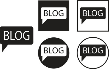 Set of blog icons in flat vector styles. Blogging collection, post and article writing group, web content creation, SEO tags, digital media, comment bubble, and publishing tools.