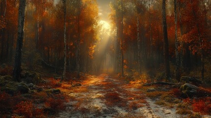 Obraz premium Autumn forest path, sunlit
