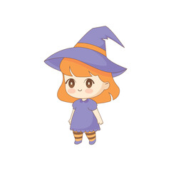 Adorable chibi witch girl in magical clothing. Cute kawaii style vector illustration perfect for stickers, merch, Halloween designs, and fantasy themed projects.