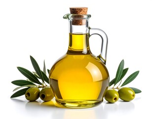Clear glass olive oil carafe with cork stopper and fresh olive leaves