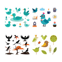 Isolated vector illustrations: cheerful ducks, birds, and nature elements; flat style; playful mood.