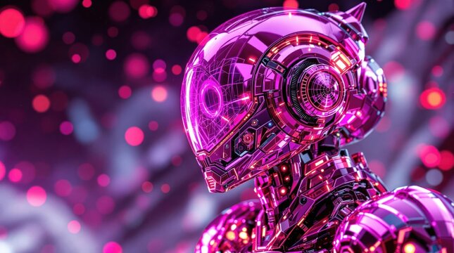 Close-up of pink metallic robot head with intricate detailing on a bokeh background