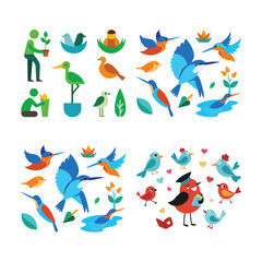 Isolated vector illustrations: cheerful birds, people planting, flat style, spring mood, nature icons.