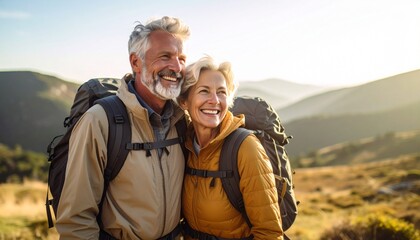 Happy Couple Hiking in Mountains on Vacation