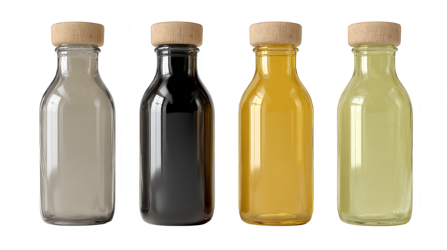 Four of colorful bottles, a captivating still life photography composition on minimalist background.