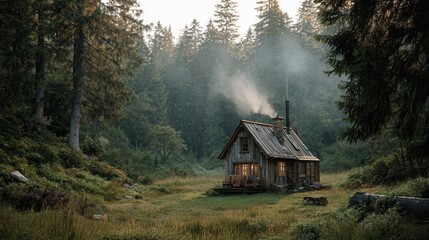 Rustic cabin in a serene forest clearing during early morning light with smoke rising from the chimney