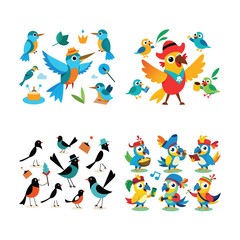 Obraz premium Isolated cheerful cartoon birds; vibrant, playful illustrations; diverse collection; perfect for kids' projects.