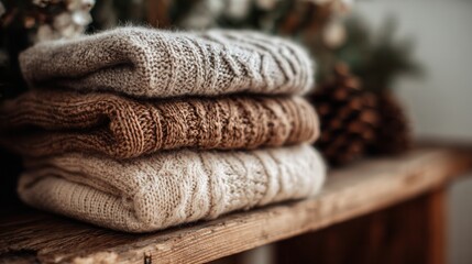 Cozy sweaters stacked neatly on wooden shelf with dried flowers in soft natural light