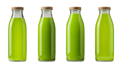 Revitalizing green juice, four bottles of freshly pressed goodness for a healthy boost.