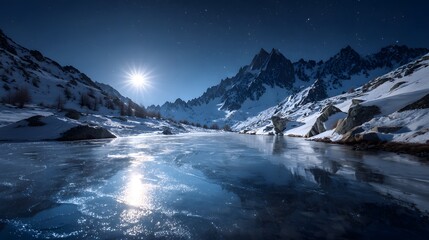 Frozen alpine lake under moonlit sky star shimmering above snow covered peak crisp reflections icy surface wide angle perspective capturing cold beauty photo realistic lighting natural ambient effects