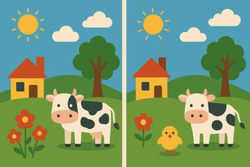 Cartoon farm scene with cow and chick for children’s educational game on finding differences 