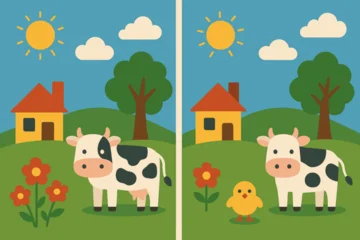 Fotobehang Boerderij Cartoon farm scene with cow and chick for children’s educational game on finding differences   © Bay