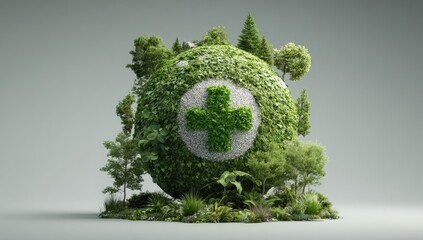 Green sphere earth with a plus sign, surrounded by lush greenery and rocks