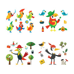 Isolated Colorful Cartoon Birds:  Vector Illustration Set, Flat Style, Cheerful Mood,  Perfect for Kids' Projects.