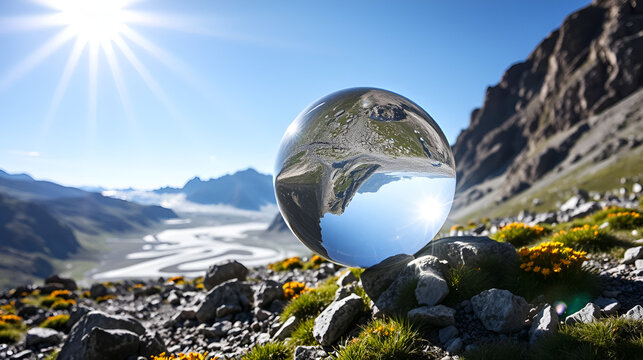 Crystal ball alpine summer landscape shot at the famous Hintertux glacier, Tux, Schwaz, Zell am Ziller, Tyrol, Austria