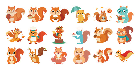 Isolated cartoon squirrel collection:  Autumnal, cheerful, diverse poses,  white background.