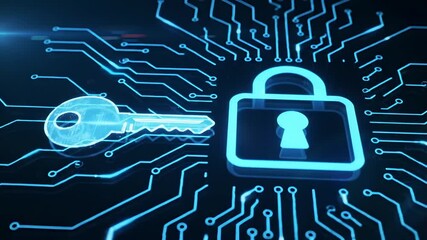 Cybersecurity concept: Digital key unlocks padlock on circuit board. Technology security, encryption, data protection, network security, digital privacy, secure access. - Powered by Adobe