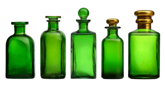 Uniform row of green glass bottles, a study in repetition and potential.