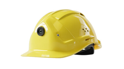 Intriguing yellow hard hat with a bold black eye, symbol of construction safety.