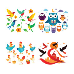 Isolated colorful cartoon birds, owls, and chickens; cheerful, playful illustrations; perfect for children's books.