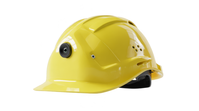 Intriguing yellow hard hat with a bold black eye, symbol of construction safety.
