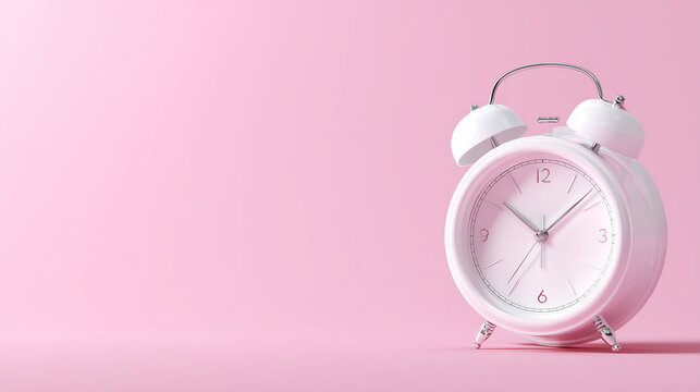 Trendy composition of a white alarm clock on a pink backdrop, ideal for productivity, schedule planning, or wellness visuals.