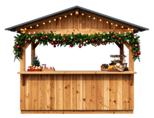 Cozy Wooden Christmas Market Stall with Festive Decor Transparent PNG 