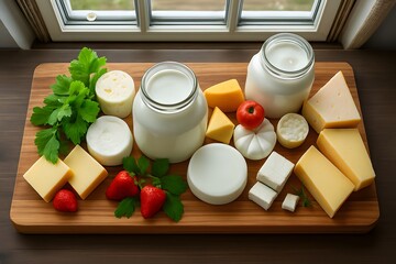 Assortment of dairy products and fresh strawberries on wooden board cheese milk